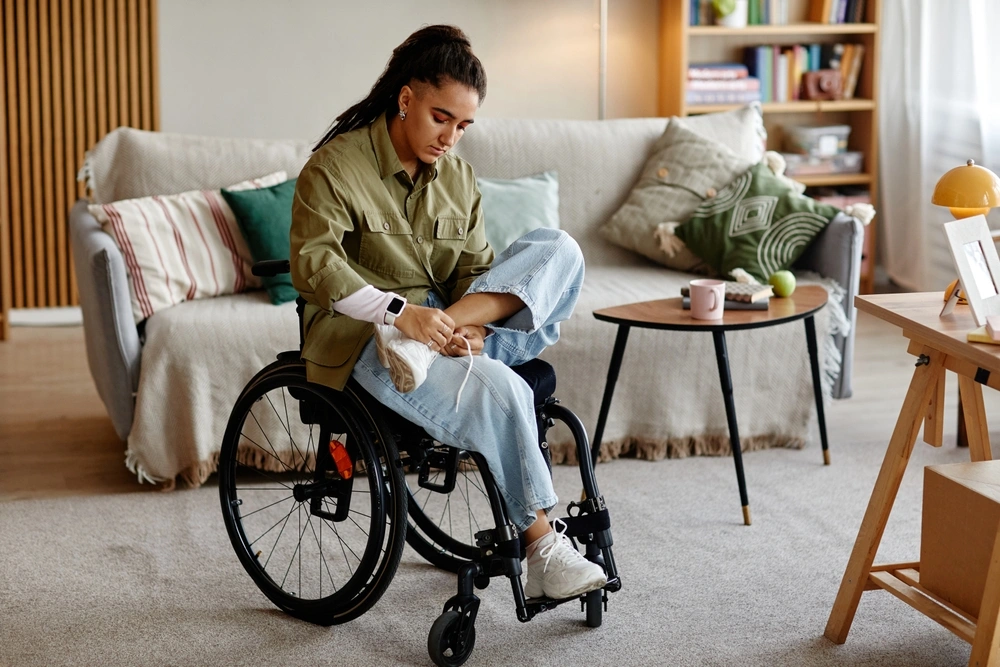 disabled women stretching on her wheelchair